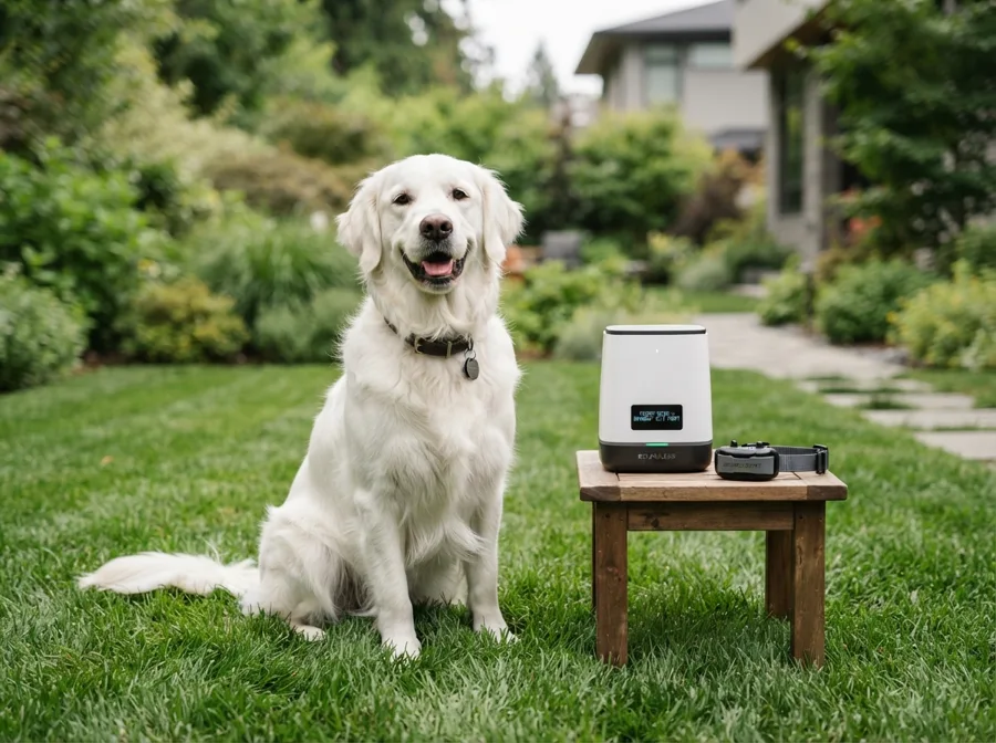 Happy retriever sitting in lush green grass next to modern wireless pet fence transmitter